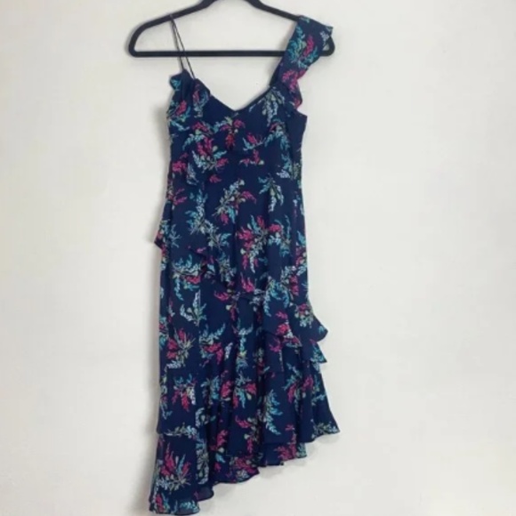 LIKELY Dress One Shoulder Floral Navy Multicolor Asymmetric Ruffles Brunch Sz 2 - Picture 2 of 7